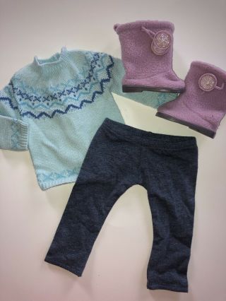 Rare Retired American Girl Frosty Fair Isle Blue Sweater Outfit Set Boots