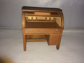 Vintage Miniature Dollhouse Furniture Wood Roll Top Desk Pull Out Desk Shelf