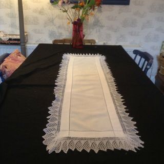 Vintage Snowy White Linen Table Runner With Hand Crochet Lace Edging