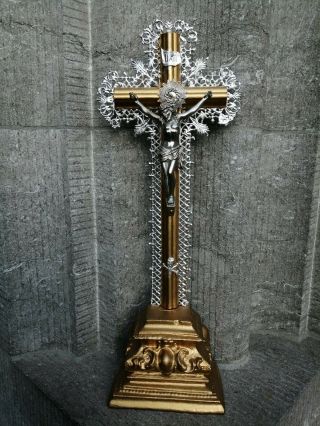 Antique Altar Standing Ornate Wood Filigree Cross Crucifix Metal Jesus Christ