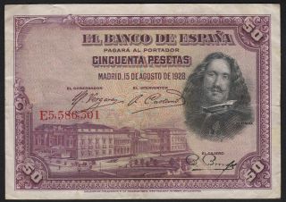1928 50 Pesetas Spain Vintage Paper Money Rare Old Banknote Currency Note Vf