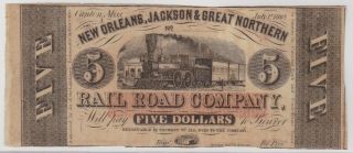 Rare Confederate Miss $5 Scrip Orleans Jackson & Great Northern Railroad Co.