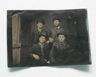 Antique Tintype Photo Four Young Men In Hats 3 1/2 " X 5 "