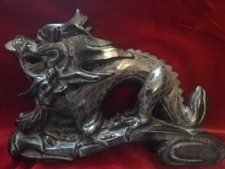 Rare Large Antique Chinese Black Soapstone Hardstone Carving Of A 3 Toed Dragon