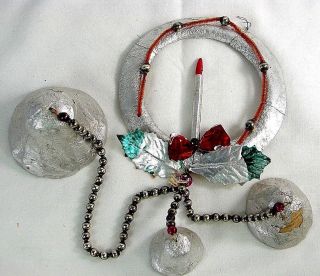 Antique Foil Over Mache Wreath W Glass Bead Drops & Silver Foil Bells