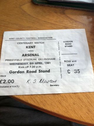 Arsenal - Away Rare Friendly V Kent At Gillingham 8th April 1981