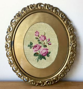 Vintage Tapestry Needlepoint Picture Oval Gold Frame Glam Shabby 1950 
