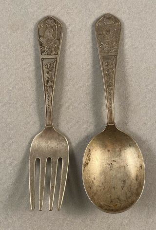 Vintage Rogers Sterling Silver Mary Had A Little Lamb Baby Fork And Spoon Set