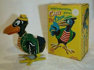 Rare Linemar Tin Windup Cary The Crow Hopping Toy With Box