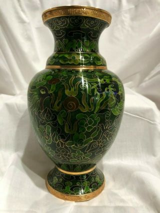 Chinese Cloisonne Dragon And Phoenix Green Vase 8 1/4 " Tall