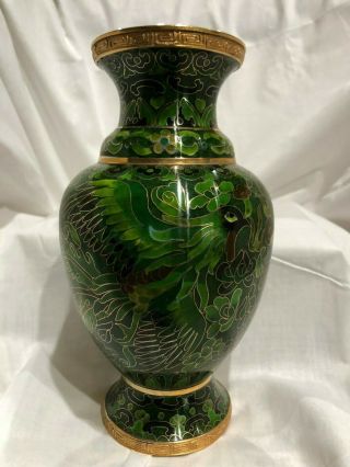 Chinese Cloisonne Dragon and Phoenix Green Vase 8 1/4 