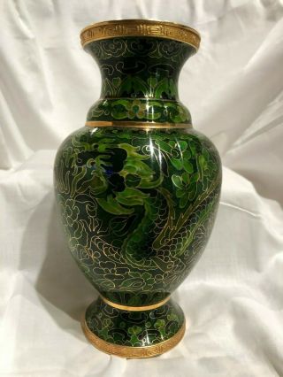 Chinese Cloisonne Dragon and Phoenix Green Vase 8 1/4 