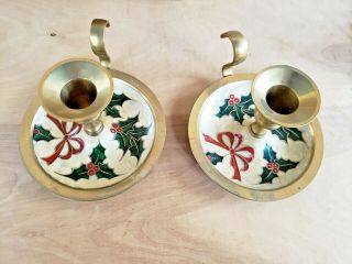 Set Of 2 Vintage Christmas Holly Candle Holders Christmas Holiday Decor Holly