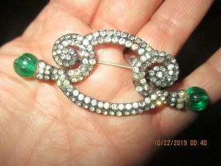 Vintage Antique Art Deco Sterling Silver Brooch Pin W/2 Green Stones Made France