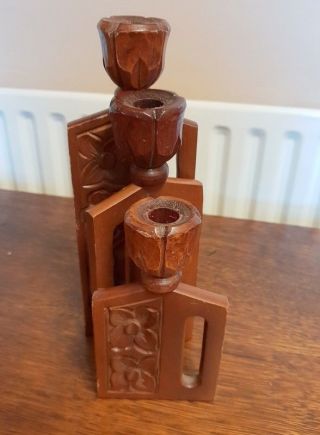 Vintage Carved Wood Triple Folding Candle Sick