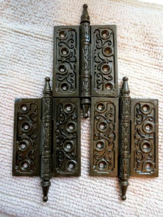 5 Vintage Eastlake Victorian 4 X 3 1/2 " Door Hinges Steeple Top Pins