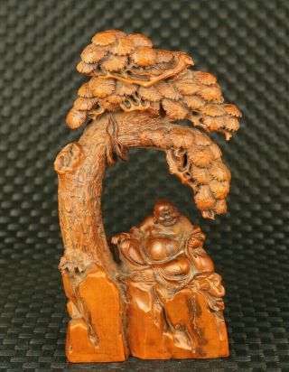 Unique Chinese Old Boxwood Hand Carved Pine Tree Buddha Statue Figure