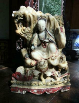 Antique Chinese Large Soapstone Sculpture Carving Guanyin Grotto