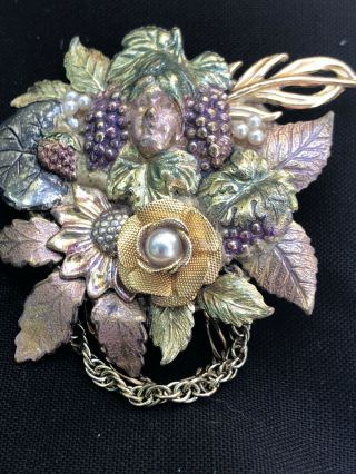 Art Noveau Vintage Antique Multi Color Metal Grapes Fairy Leaves Brooch Pin Rare