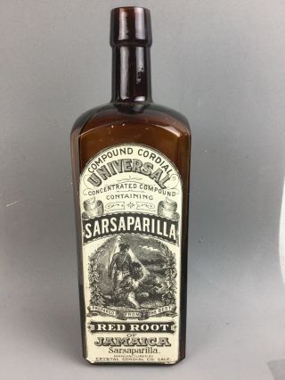 Sarsaparilla Bottle Antique Dark Amber Square 1890’s With Lable
