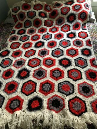 Vtg Handmade Afghan Blanket Crochet Hexagon Granny Square Throw Red Gray Black