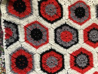 Vtg Handmade Afghan Blanket Crochet Hexagon Granny Square Throw Red Gray Black 2