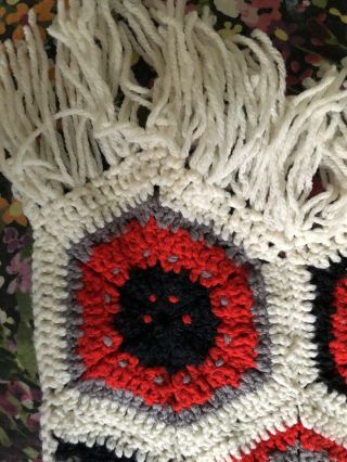 Vtg Handmade Afghan Blanket Crochet Hexagon Granny Square Throw Red Gray Black 3