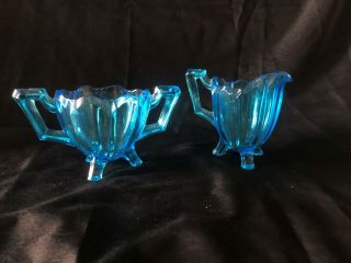 Antique Vintage Turquoise Glass Footed Cream Pitcher & Sugar Bowl Set
