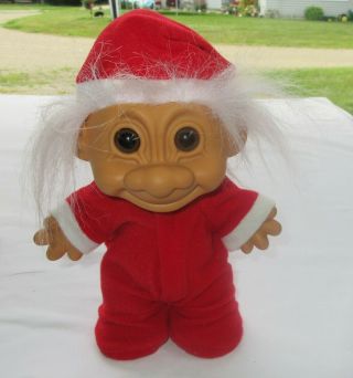 Vintage Russ Berrie 8 " Santa Troll Doll In Red Pajamas White Hair Brown Eyes Toy