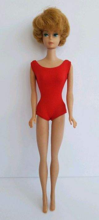 Vintage Barbie Doll Golden Blonde Bubble Cut Red Swimsuit 1963 - 64 Lt Pink Lips