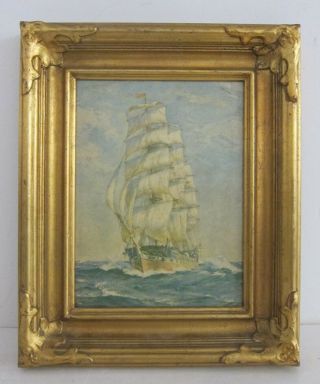 Antique Vtg Nautical Clipper Ship Seascape Lithograph In Ornate Gilt Frame 13x16