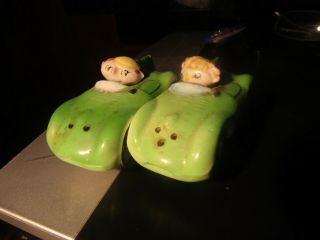 Rare Vintage Set Park Smith Ny Green Space Age Race Cars Salt & Pepper Shakers