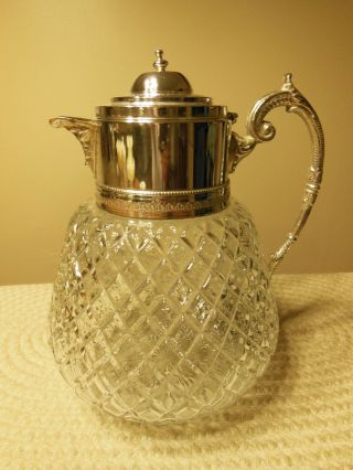 Vintage Diamond Pattern Crystal & Silver Plate Large Water Pitcher / Carafe