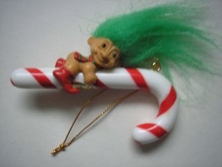 Vintage 1980’s Russ Christmas Troll Candy Cane Ornament Green Hair & Red Boors