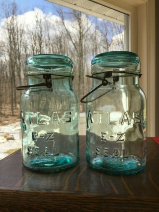 Two Antique Blue Atlas E - Z Seal Quart Size Canning Jar W/wire Bail And Glass Top