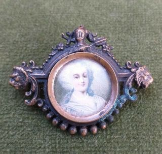 Antique Brooch With Miniature Portrait Of Lady,  Base Metal ? Bronze