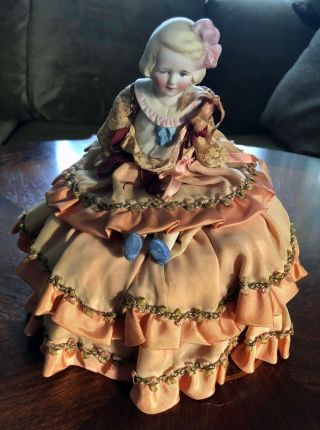 Vintage Bisque Half Doll Pin Cushion With Legs Ruffled Peach Skirt Germany