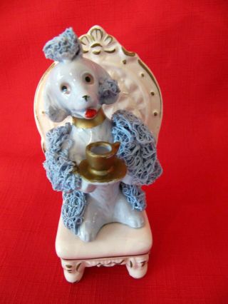 Rare Vintage Blue Spaghetti Poodle Dog In Chair Holding Teacup Figurine
