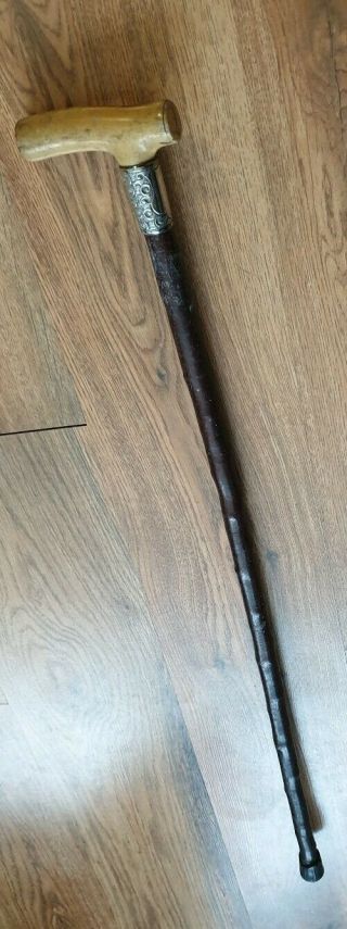 Vintage Rustic Walking Stick / Cane With Bone Handle And Silver Coloured Collar