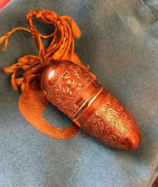Antique Gilded Etui Sewing Needle Case Figural Acorn Chatelaine