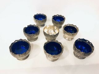Set Of 7 Vintage Raimond Silverplate Cobalt Blue Glass Salt Cellars Caviar Bowls