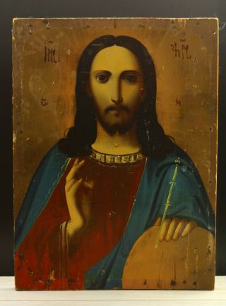 Antique 19th Russian Hand Painted Wood Orthodox Icon Of Jesus Christ