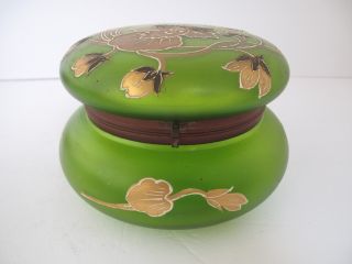 Antique Victorian Hand Painted Flowers On Green Satin Glass Dresser Trinket Jar