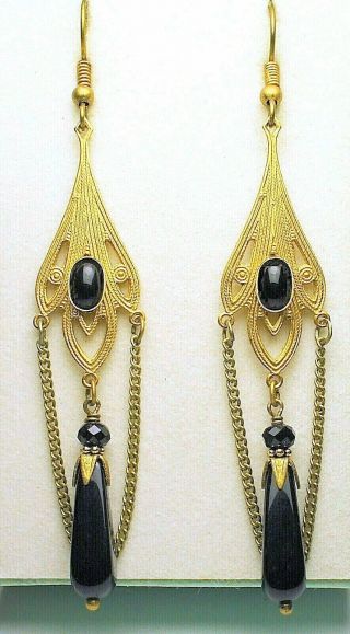 Art Nouveau Edwardian Style Antique Brass Black Onyx Pendant Drop Earrings