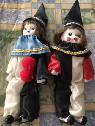 Vintage 2 Porcelain Face Clown Dolls 7 " Boy And Girl Clown