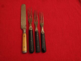 4 Antique Civil War Era Wood Metal Bone Forks Knife Inlaid Metal