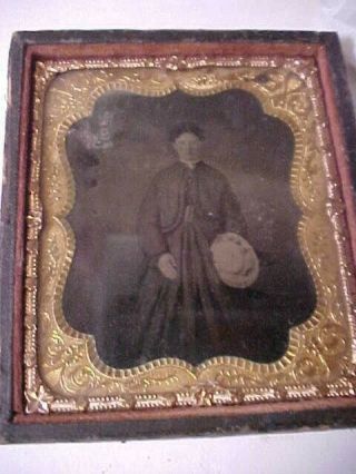Vintage 1800’s Antique And Ornate Copper Foil Framed Tin Type Photo - Woman Stan