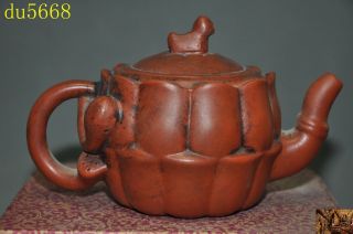 6 " Old Chinese Yixing Zisha Pottery Hand Carved Lotus Teapot Pot Tea Maker Statue