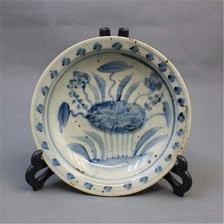 Chinese Old Blue & White Lotus Flower And Leaf Pattern Porcelain Plate