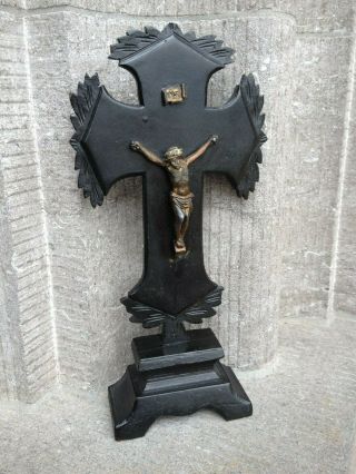 Antique Altar Standing Carved Wood Cross Crucifix Metal Jesus Christ Corpus